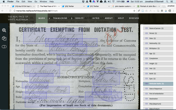 Screenshot showing the process of marking up a Certificate Exempting from Dictation Test, showing handwriting that has been marked, and the ways that it can be categorised.