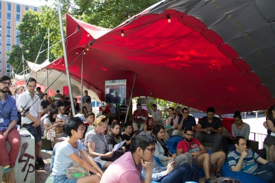 Under the ResBaz bedouin tent at The University of Melbourne 2. Photo from Dejan Jotanovic.
