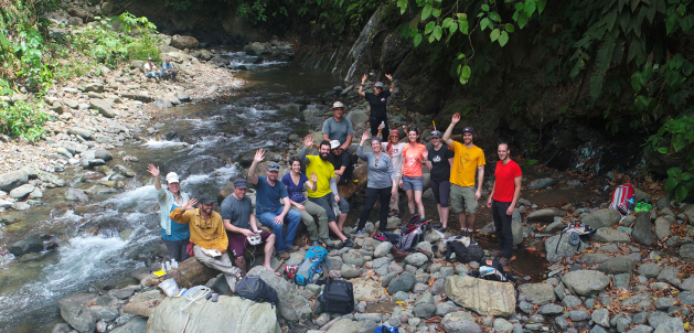 This photo was taken by a drone onsite in Costa Rica on sampling day one. From left: Heather Miller, J. Maarten de Moor, Peter Barry, Dan Hummer, Kayla Iocovino, Donato Giovanelli, Angelo Battaglia, Carlos Ramirez, Katie Pratt, Maria Martinez, Karen Lloyd, Kate Fullerton, and Patrick Beaudry. Giulio Bini and Yemerith Alpizar are standing behind the group. 
