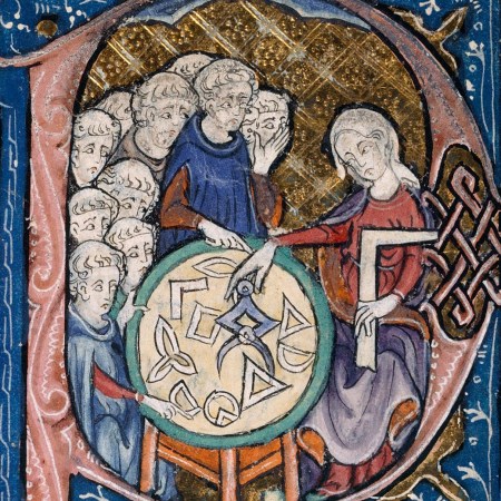 Image from a medieval manuscript. A woman with a set-square and dividers; using a compass to measure distances on a diagram. In her left hand she holds a square, an implement for testing or drawing right angles. She is watched by a group of students.