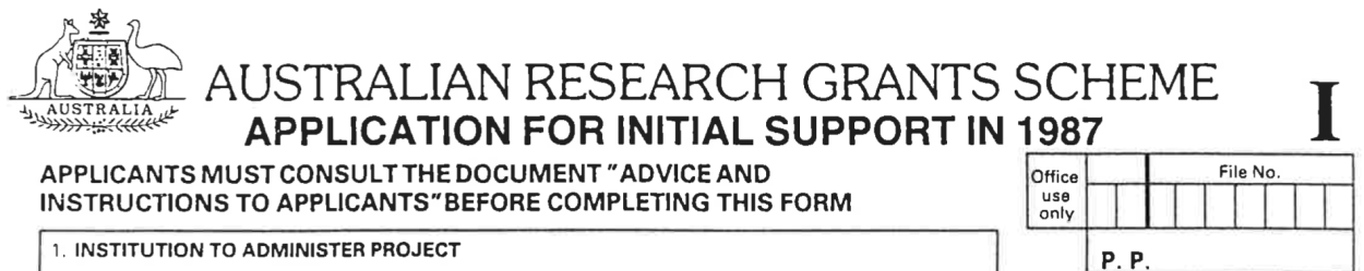 A grant application form from 1987, for the Australian Research Grants Scheme