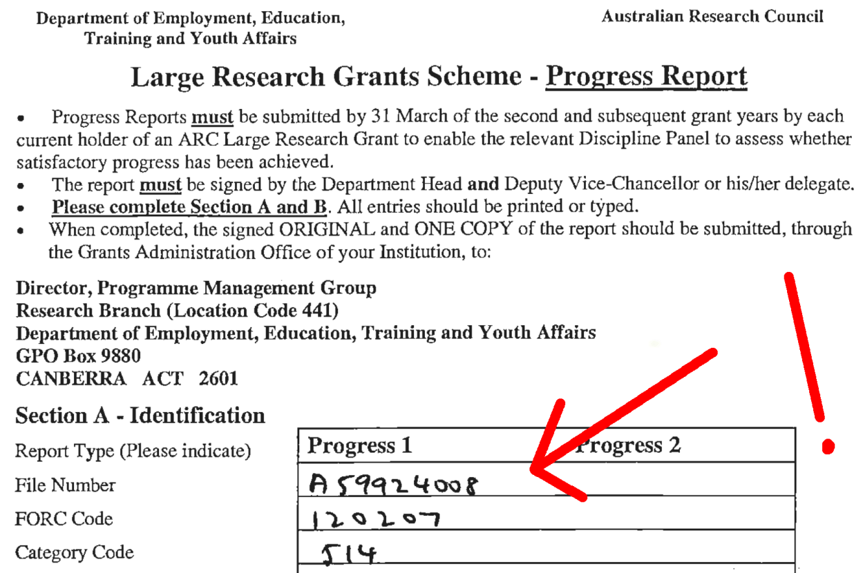 Front page of an ARC progress report, with neat handwritten entries.