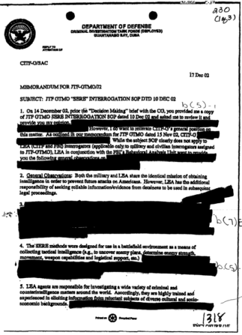 Page 1 of a US Department of Defence document with heavy redactions.