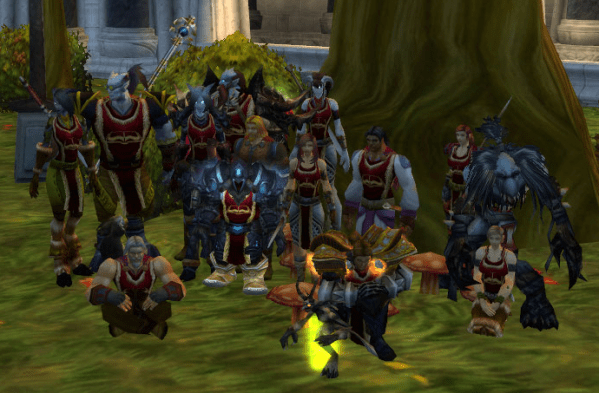 A group of World of Warcraft avatars, of vastly different races and classes, united by their love of libraries. 