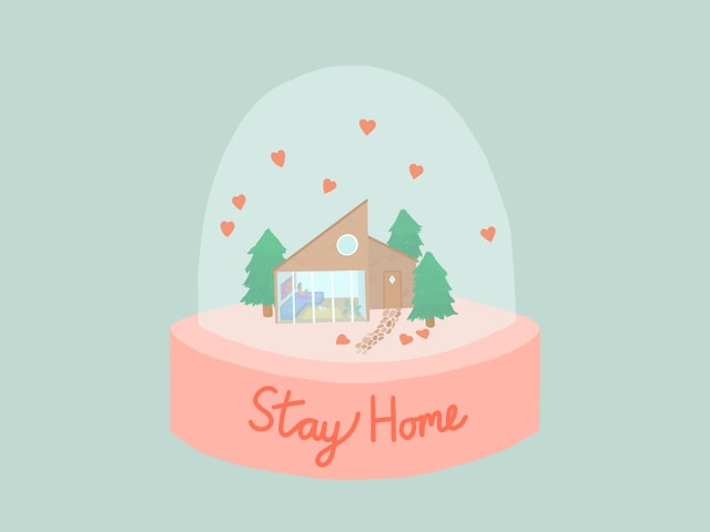 A snow-globe showing a house, with the words 'Stay Home' on the bottom