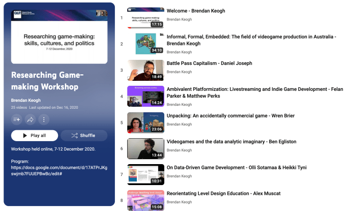 Screenshot of the pre-recorded talks on a Youtube playlist. Image courtesy of Brendan Keogh.