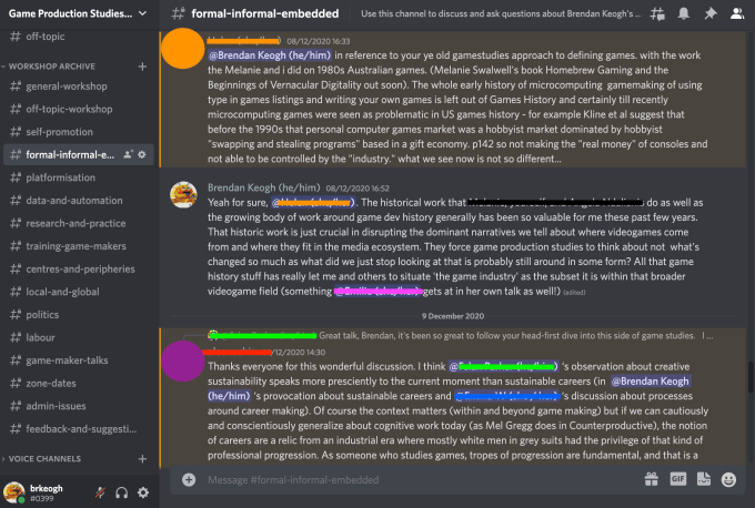 Screenshot of conversations on one of the event's Discord channels. Image courtesy of Brendan Keogh.